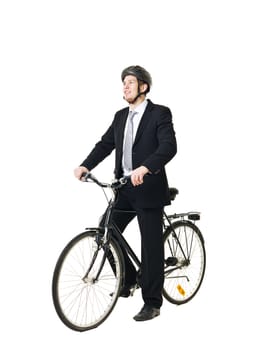 Young man with bicycle and helmed isolated on white background