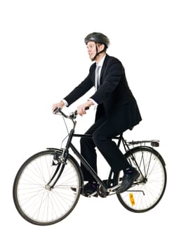 Young man with bicycle and helmed isolated on white background