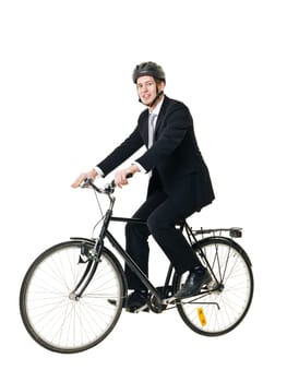 Young man with bicycle and helmed isolated on white background