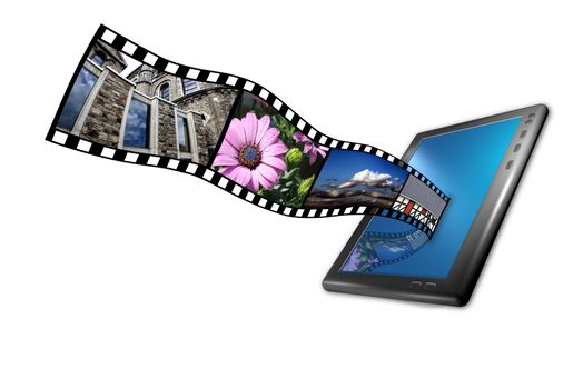 a tablet pc with movie and picture strip in 3d