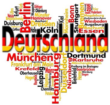 Written Deutschland and german cities with heart-shaped, german flag colors