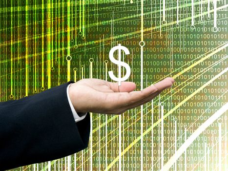 Businessman take profits with abstract digital data background