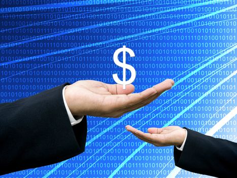 Businessman share profits with abstract digital data background