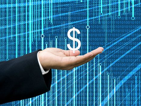 Businessman take profits with abstract digital data background