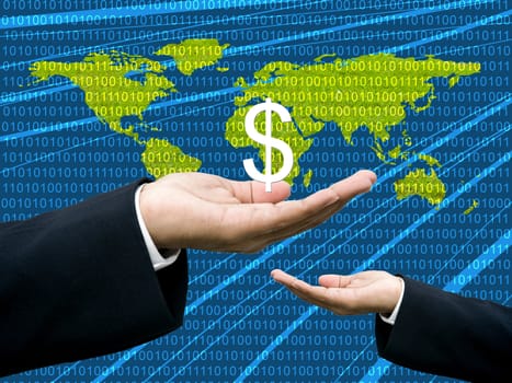 Businessman's hand share Dollar with digital wold map background