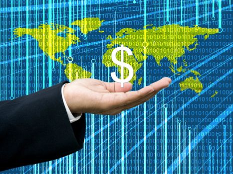 Businessman's hand hold Dollar with digital wold map background