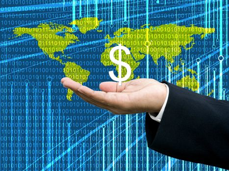 Businessman's hand carry Dollar icon with digital data background