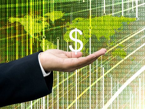 Businessman's hand carry Dollar icon with digital wold map background