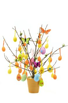 Easter Decorated Tree with multicolored Easter Eggs Isolated on white background