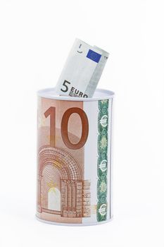 Money savings bank, box wrapped with euro