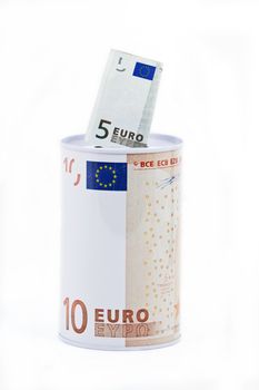 Money savings bank, box wrapped with euro