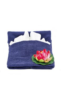 Beautiful decoration with blue towel and red flower isolated on white