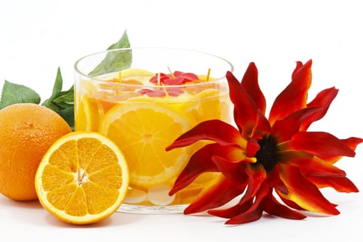 Home decoration with combined fruit and flower in glass