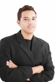 Young smiling latin man looking at camera isolated on white background