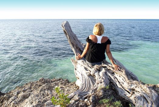 A woman overlooks the ocean while sitting on some dead wood.