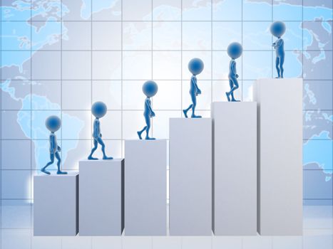 3D business men climbing a graph with one confident business man on top