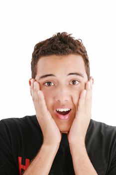 young amazed man portrait isolated on white background