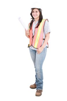 Young architect woman wearing a protective helmet, standing. Isolated on white background