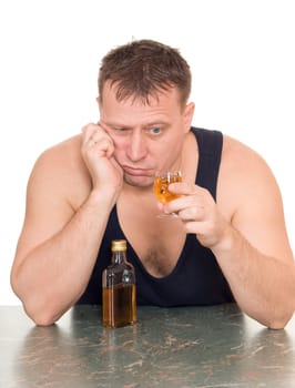 drunk man with a glass in his hand isolated on white background