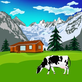 Dairy cow on a alps mountains green meadow.Alps landscape