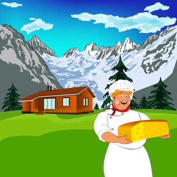 Funny Chef and Natural swiss dairy cheese with alps mountains meadow