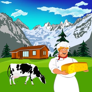 Funny Chef and Natural swiss dairy cheese with alps mountains meadow