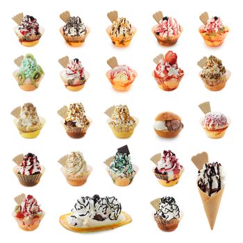 Collage of different Ice-cream sundae on a white background