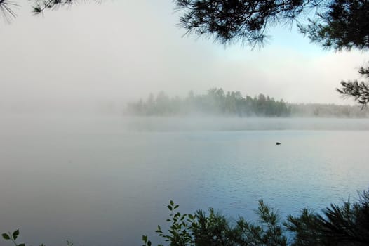 Strong fog above lake in the morning