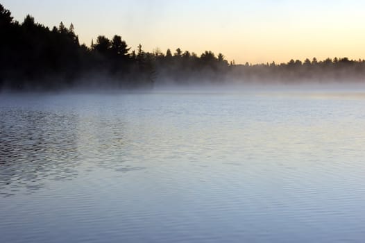 Sunrise and mist in beautiful lake in Algonquin Park