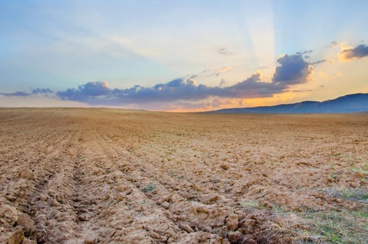 autumn fielad on the sunset, ready ground soil for seeding