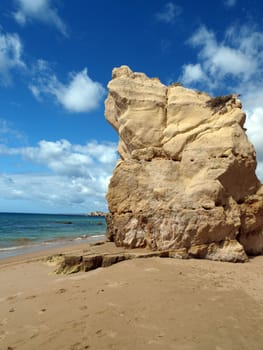 A section of the idyllic Praia de Rocha beach on the southern coast of the Portuguese Algarve region.