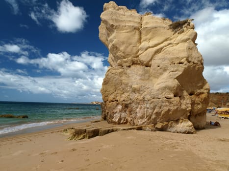 A section of the idyllic Praia de Rocha beach on the southern coast of the Portuguese Algarve region.