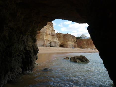 A section of the idyllic Praia de Rocha beach on the southern coast of the Portuguese Algarve region.