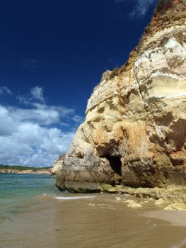A section of the idyllic Praia de Rocha beach on the southern coast of the Portuguese Algarve region.