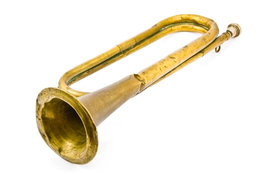 Old broken army trumpet isolated on white