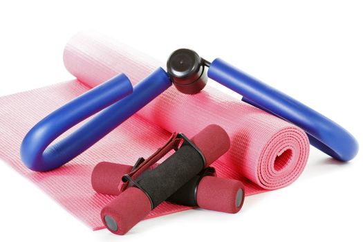 Fitness Mat and Equipment on white background