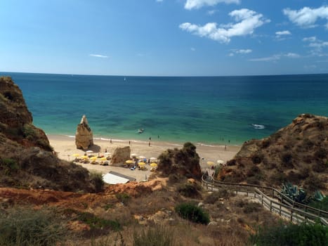 A section of the idyllic Praia de Rocha beach on the southern coast of the Portuguese Algarve region. 