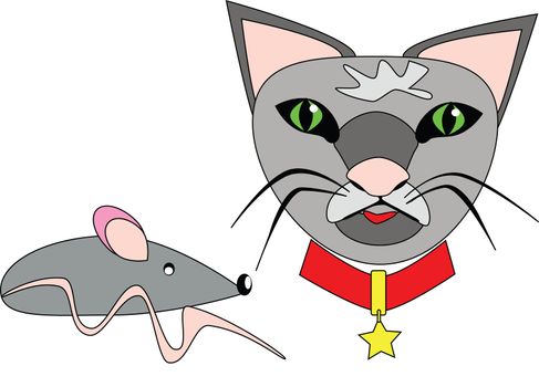 illustration of a cat with red collar and a mouse