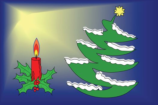 Xmas tree and a candle on a blue background with a shiny star