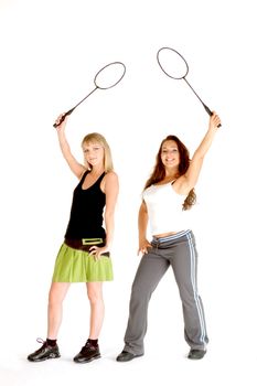 Two models with badminton rackets.