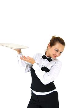 Waitress in uniform and necktie holding tray isolated on white