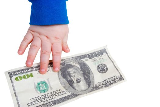Children's hand and the dollar  isolated  on white background