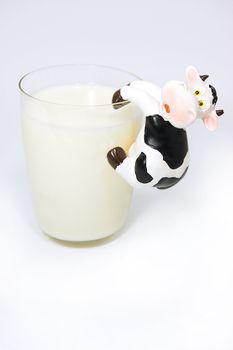 Glass of milk and funny toy cow attached