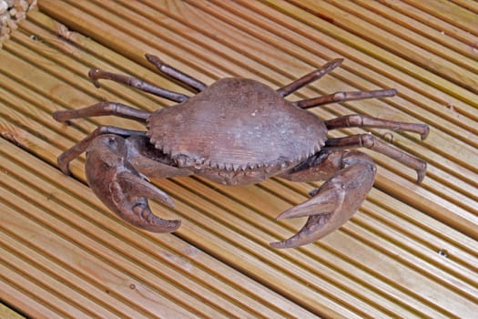 model crab sitting on wooden decking