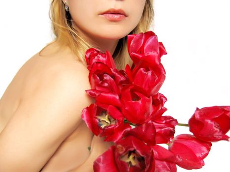 sensual part of woman's body holding tulips on white