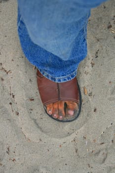Close up of a brown leather sandal.
