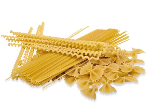 Collection of different Italian pasta isolated on a white background with soft shadow. The file includes a clipping path.