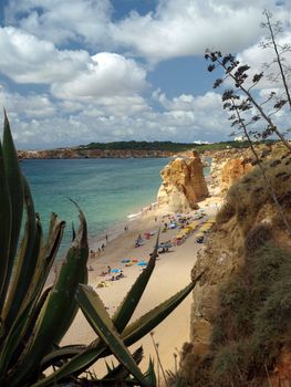 A section of the idyllic Praia de Rocha beach on the southern coast of the Portuguese Algarve region. 