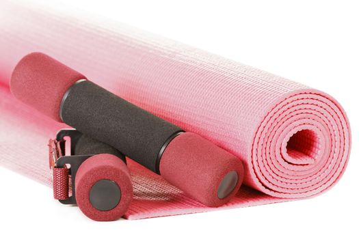 Fitness Mat and Equipment on white background