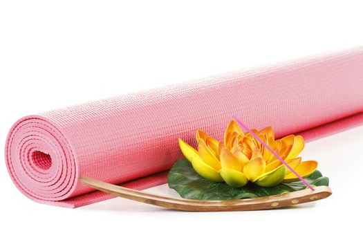 Yoga mat with oriental flower on white background